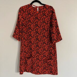 Equipment Red Black Floral Silk Shift Dress Pockets Medium Old Money Keyhole